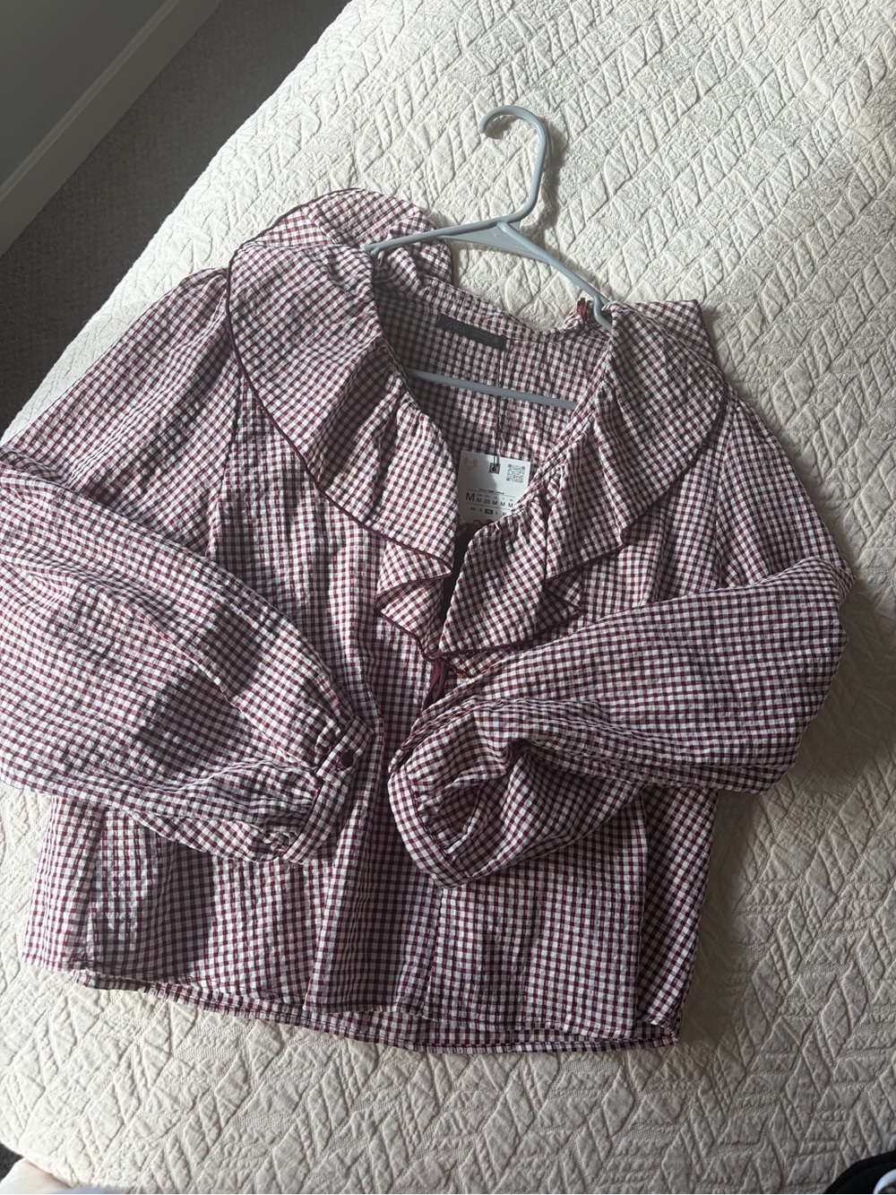 Zara Burgundy and White Gingham Ruffle Collar Blouse